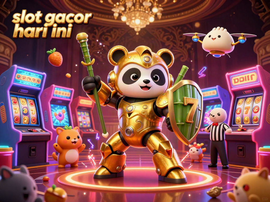 Experience thrilling slot gacor hari ini action with a lively casino scene featuring a mech-suit panda and jackpot symbols.