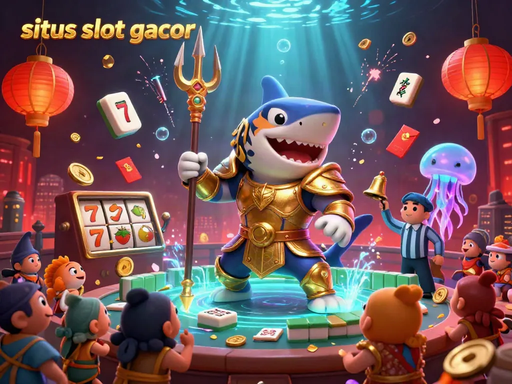 Gambarlah slot gacor dengan hiu kartun dalam armor gladiator di koloseum bawah laut yang dinamis.