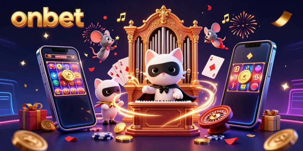Experience the thrill of onbet with a vibrant illustration of classic casino elements and interactive gaming action.