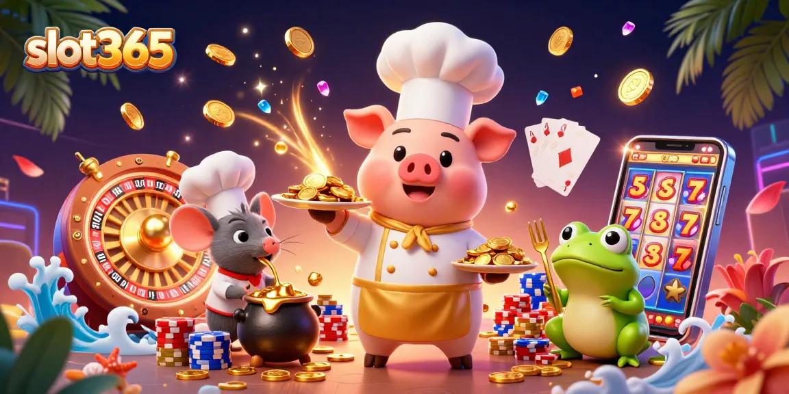 Experience vibrant gameplay with slot365 as gold coins shower over cartoon characters in a 3D casino scene.