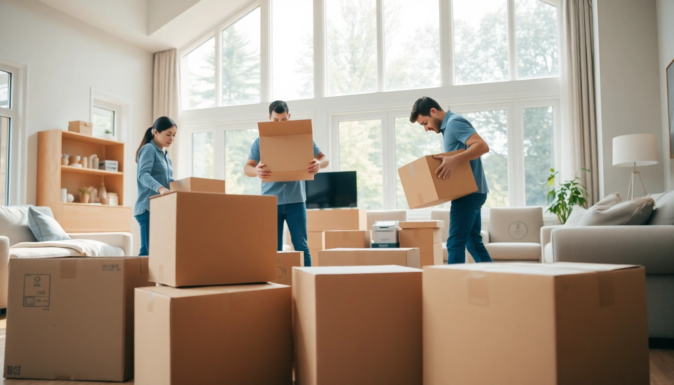 Movers offering Residential Moving Services in a cozy home setting, packing items professionally.