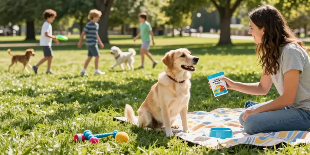 Calming Dog Treats shared between owner and happy dog in a sunny park setting.