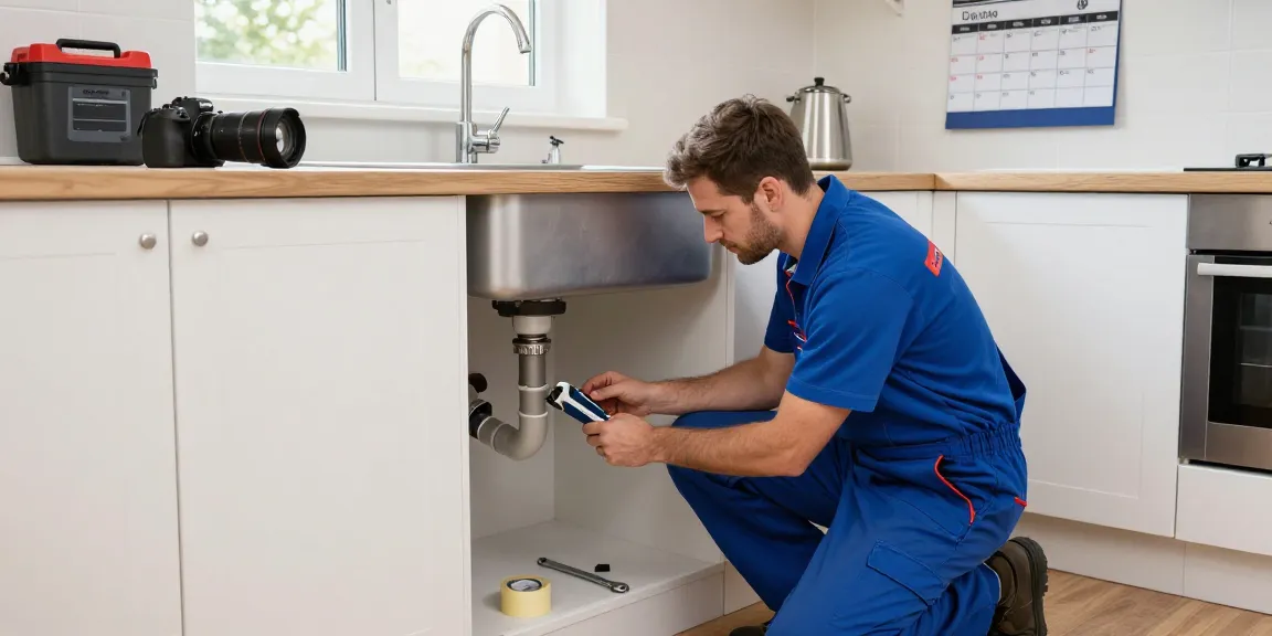 Expert plumber performing trusted plumbing services Milton Keynes under a kitchen sink with tools and bright lighting.