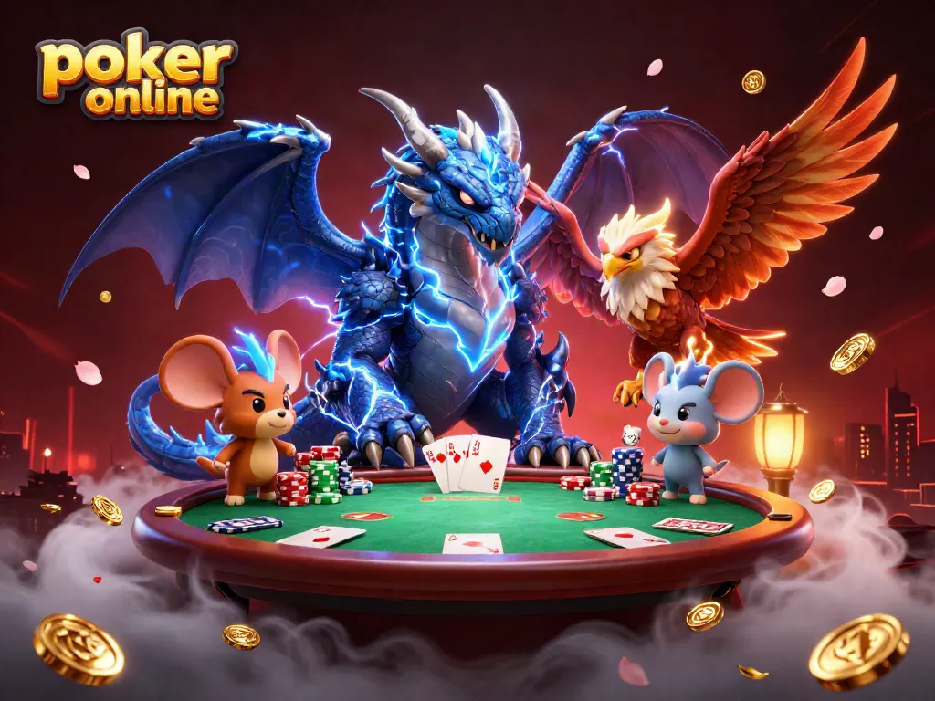 Engage in poker online with dynamic characters and vibrant casino elements in this thrilling illustration.