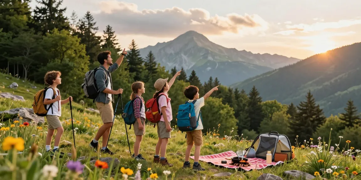 Family adventure scene on thatmountainlife.com highlighting active outdoor experiences with mountain backdrop