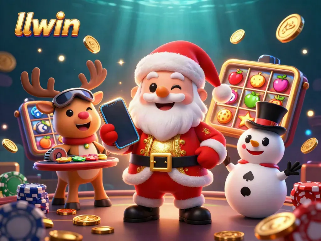 Experience excitement at llwin with a vibrant casino scene featuring Santa Claus, a reindeer dealer, and a poker chip snowman amidst dynamic slot elements.