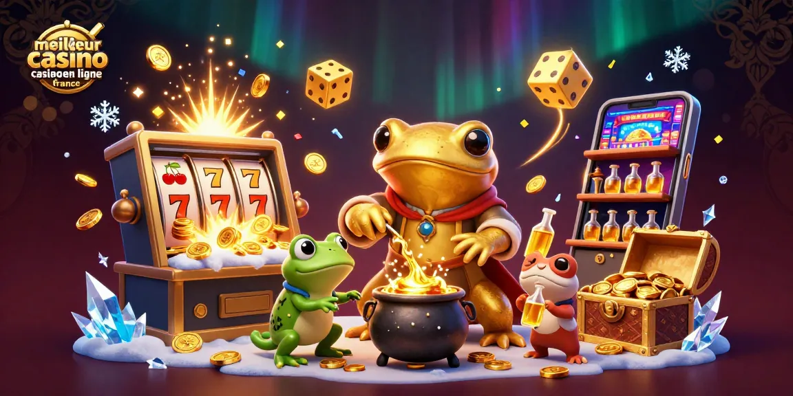 Illustration captivante de "meilleur casino en ligne France" avec alchimiste et machines à sous.