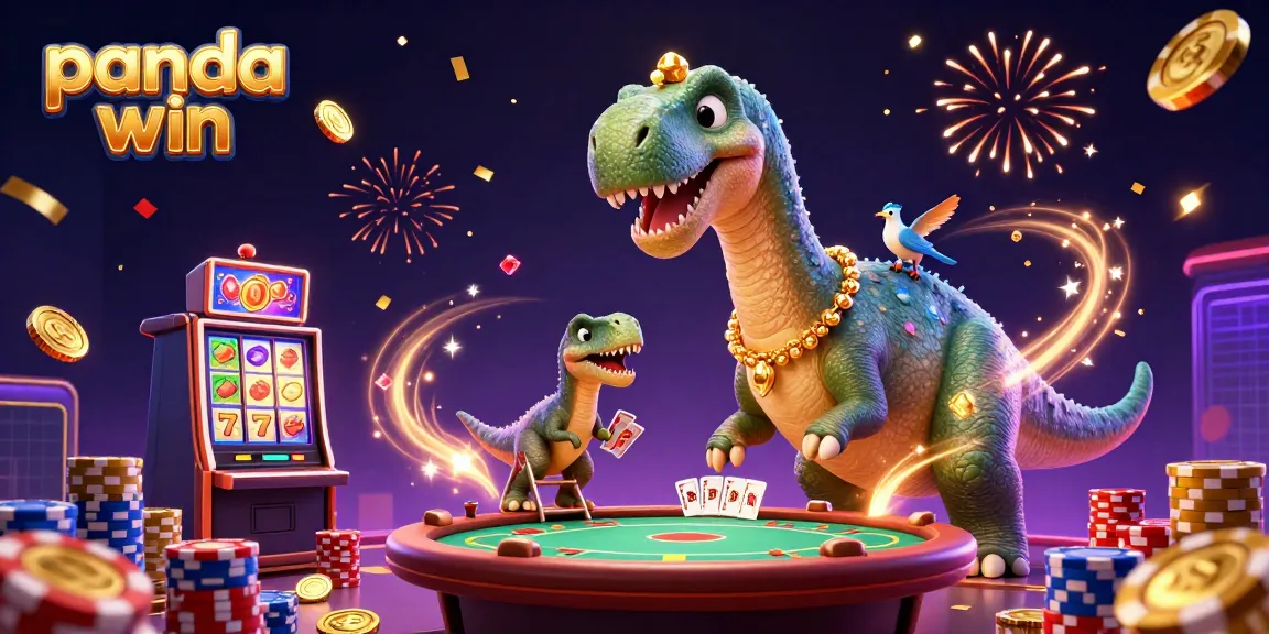 Panda win excitement soars as a brontosaurus towers over a lively 3D casino scene filled with slot machines and colorful chips.