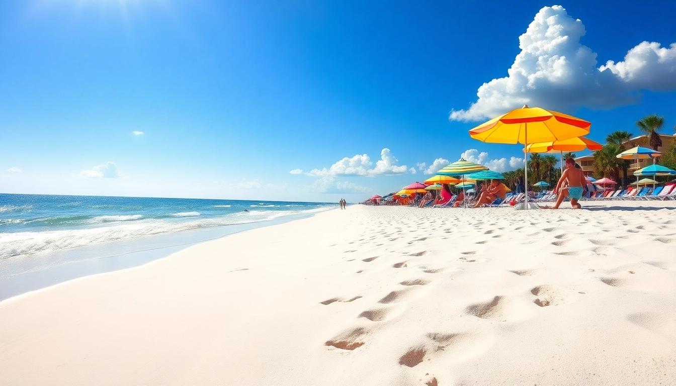 Families enjoying the sun on the beautiful Pensacola FL beach with vibrant umbrellas and waves.