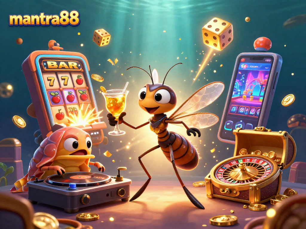 Experience mantra88's vibrant casino gaming with dynamic characters and exciting elements surrounding a lively scene.