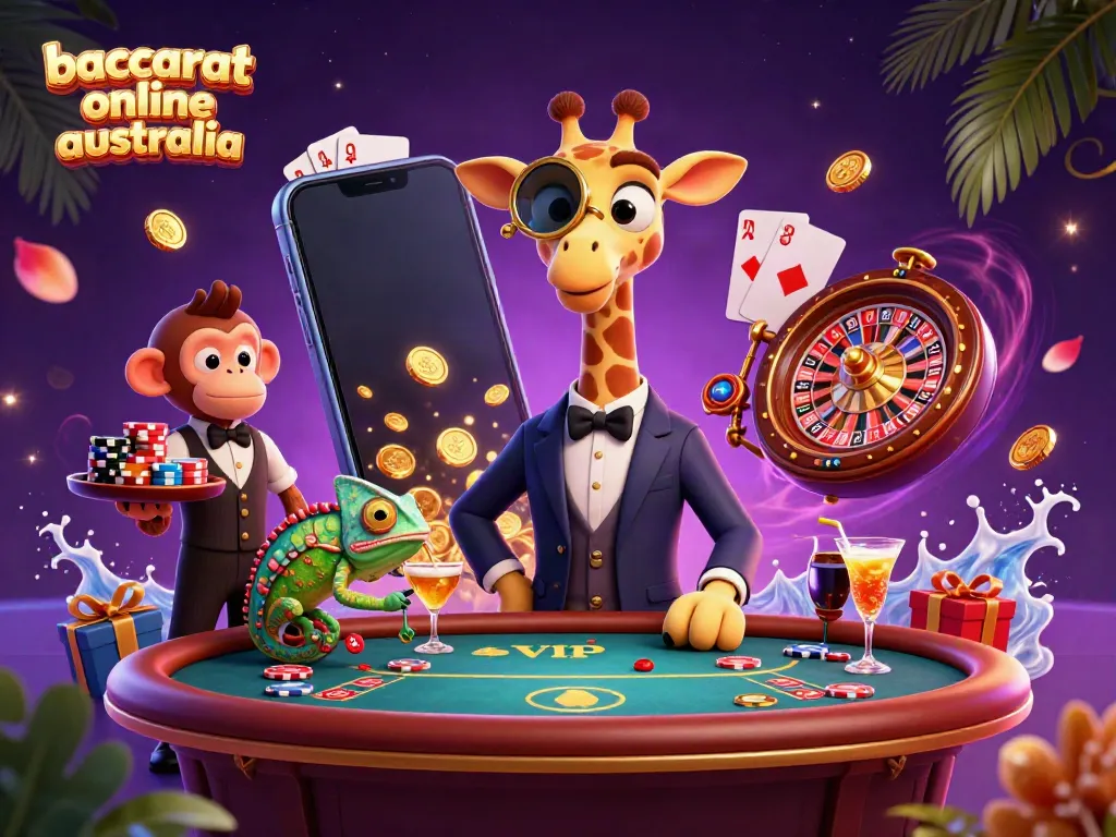 Play baccarat online Australia with high-roller giraffe, vibrant casino scene.