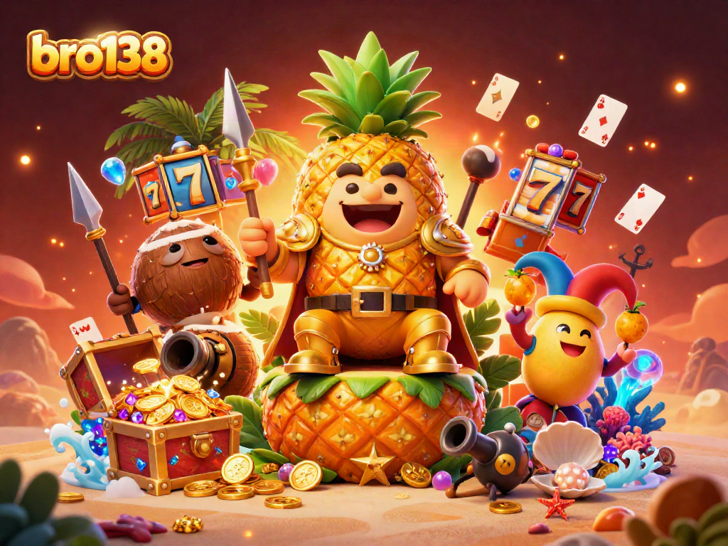 Spin to win at bro138 with a vibrant 3D casino scene filled with golden treasures and playful characters.