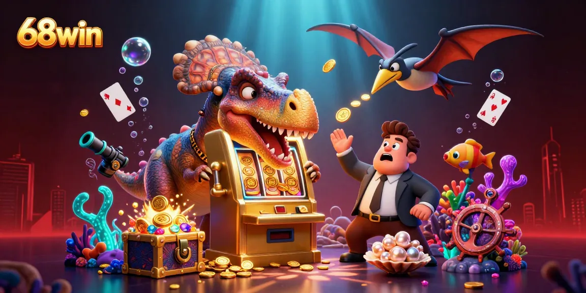 The pachycephalosaurus at 68win triumphantly hits the slot machine, showering golden coins.