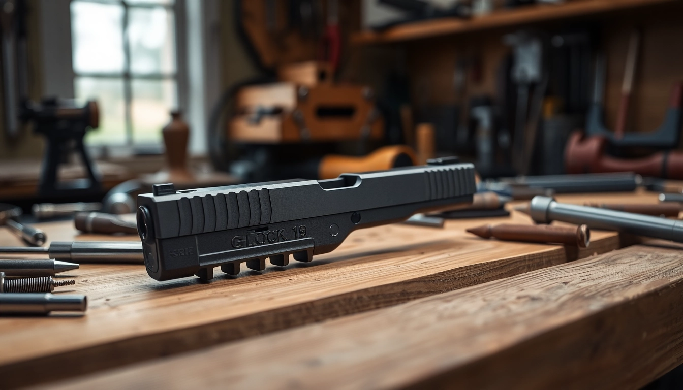 Examine the Glock 19 slide on a workbench, highlighting its precision and craftsmanship.