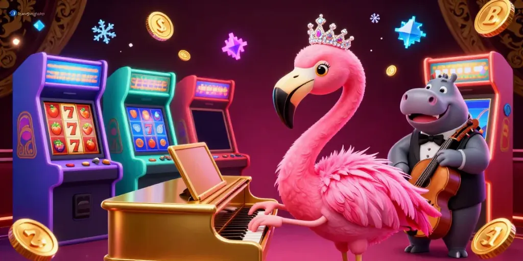 Engage with the vibrant atmosphere of bandungtoto's casino, showcasing a flamingo singer and hippo bassist amidst slot game excitement.