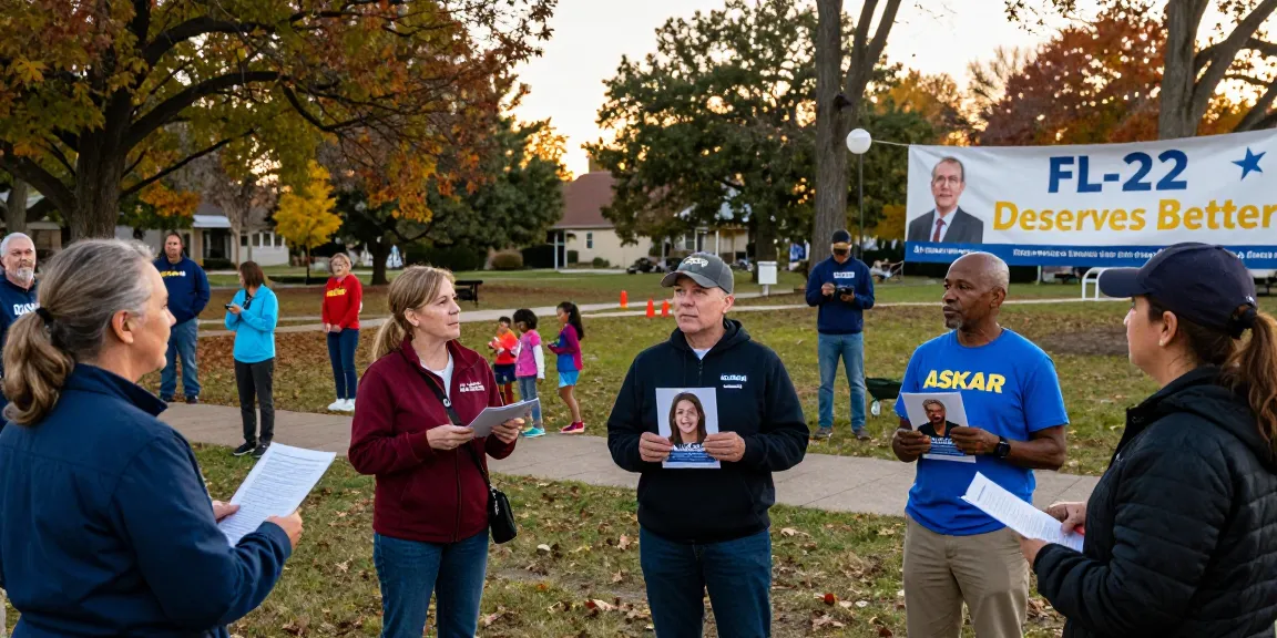 Community rally discussing Casey Askar's candidacy in FL-22, showing volunteers and locals engaged.