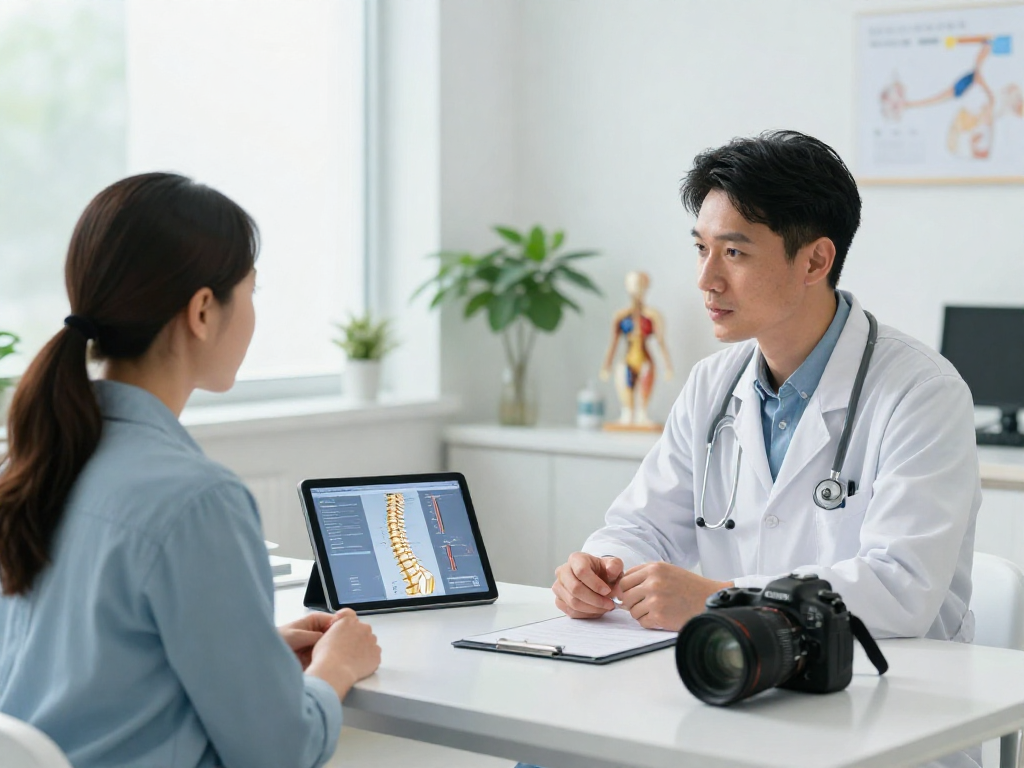 Bel fıtığı ameliyatı consultation in a modern clinic showing physician explaining treatment options to patient.