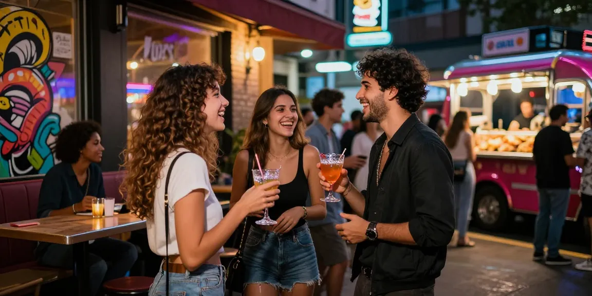 Đêm sôi động ở thành phố với nhóm bạn vui vẻ thưởng thức gái gọi và cocktail sống động.