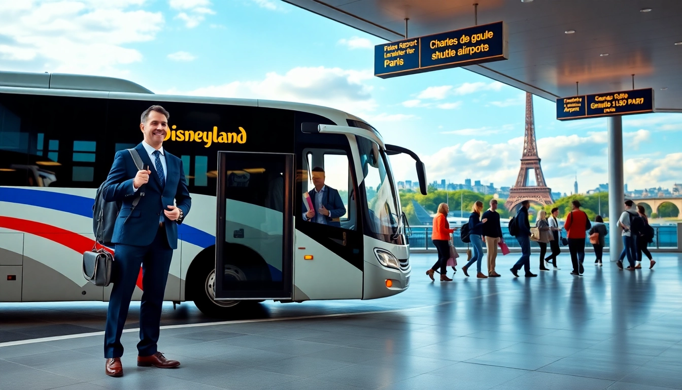 Shuttle bus for transfers from paris airport to disneyland amidst travelers at Charles de Gaulle Airport.