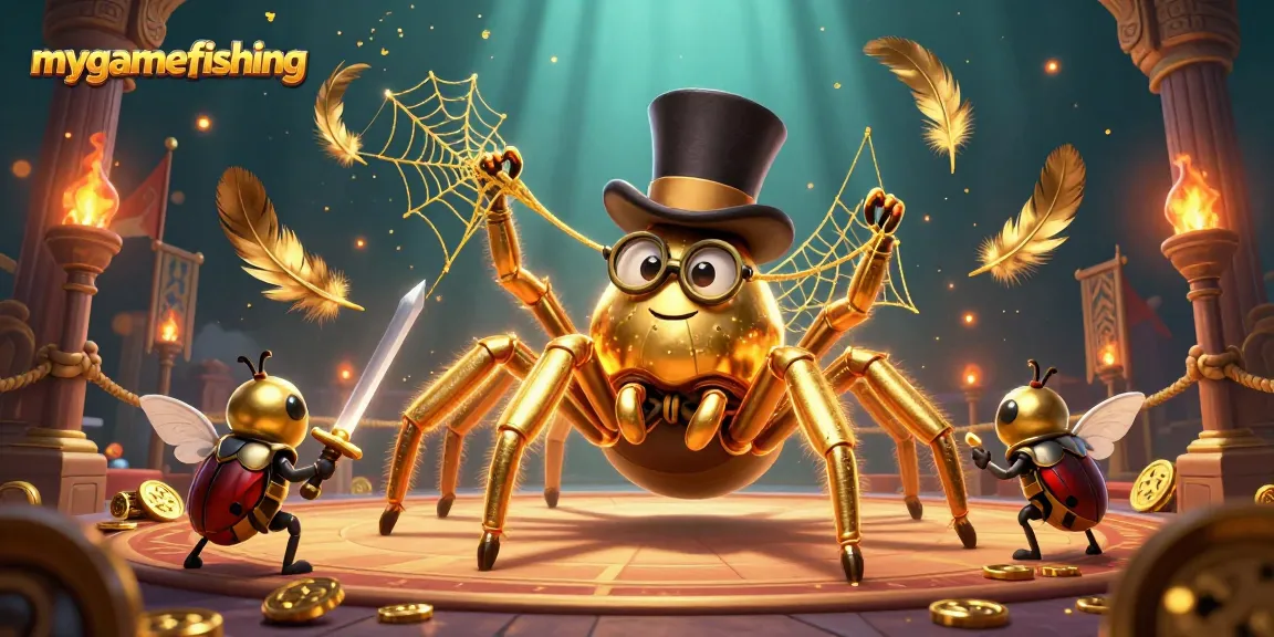 Engage in the mygamefishing experience with a bold beetle knight and a golden tarantula in a vibrant casino scene.