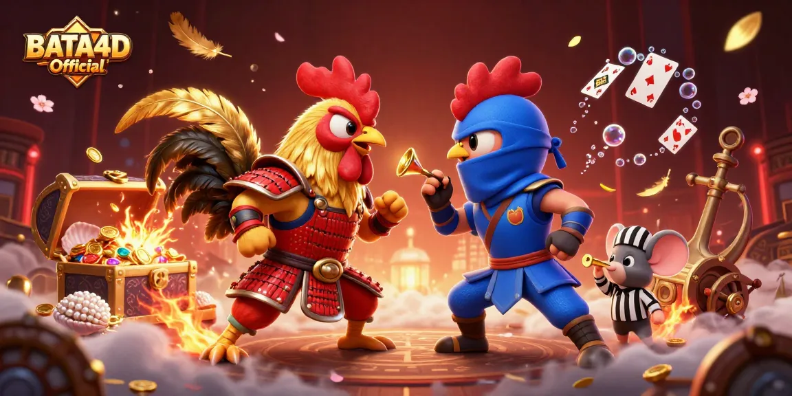 BATA4D Official showcases intense rooster combat in a dynamic online gaming scene with treasures and vibrant elements.