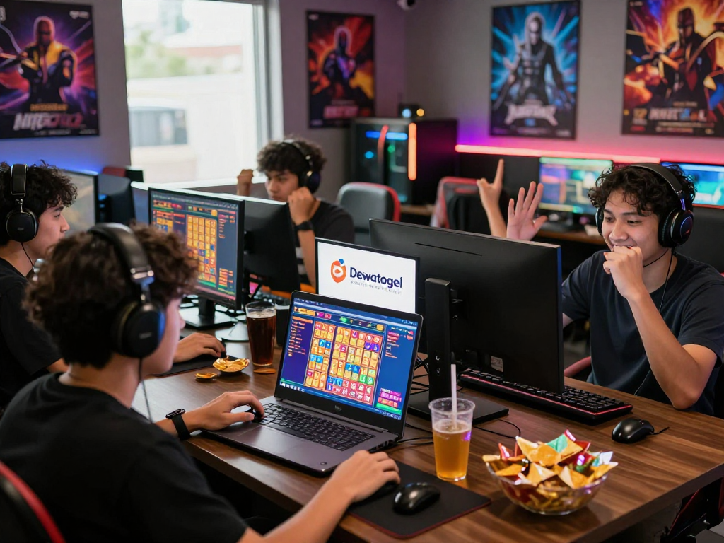 Dewatogel online gaming scene with diverse players celebrating a win, colorful interface, and vibrant atmosphere.