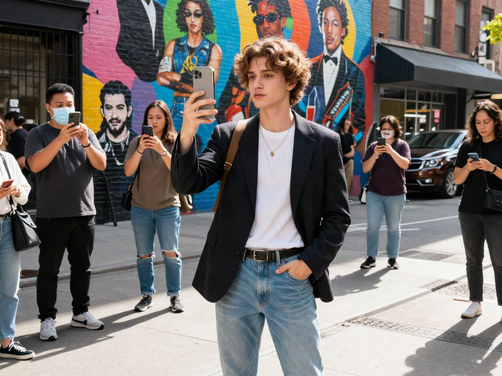 Look alikes of famous people posing in urban setting with a vibrant mural
