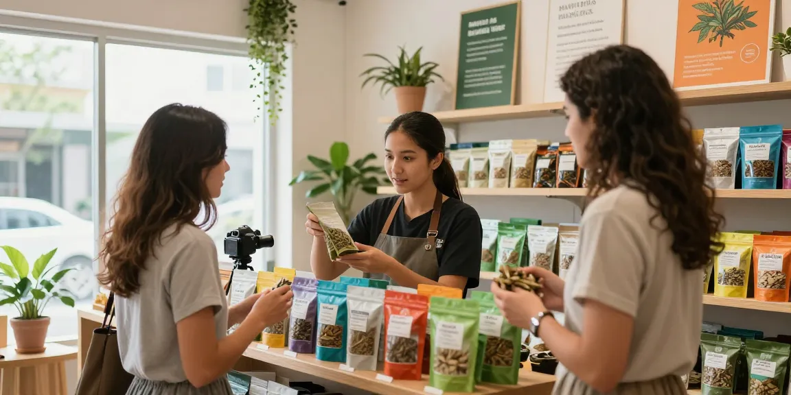 Kratom for sale displayed in a vibrant herbal shop with staff assisting customers, showcasing various strains.