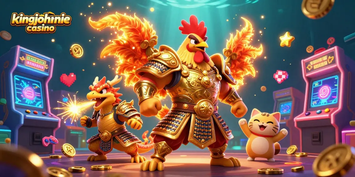Experience the excitement of kingjohnnie casino with a dynamic illustration featuring a rooster warrior and dragon hatchling.