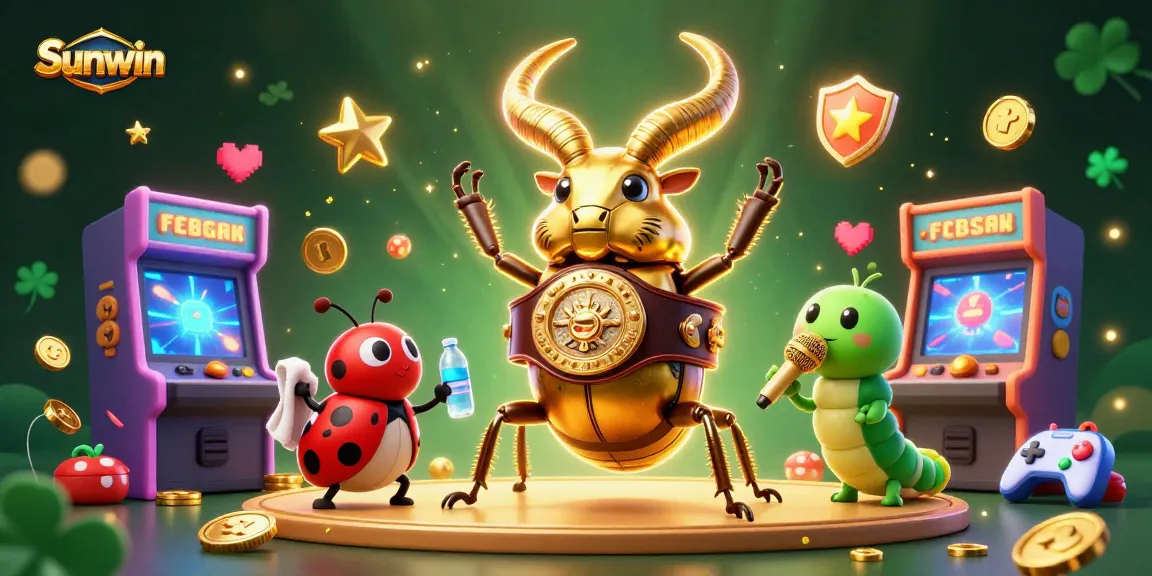 Sunwin's vibrant gaming scene showcases a golden stag beetle champion, ladybug corner-man, and caterpillar announcer in action.