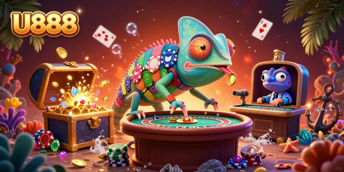 Engage in thrilling gameplay at U888's dynamic casino experience featuring colorful chameleon and vibrant treasures.