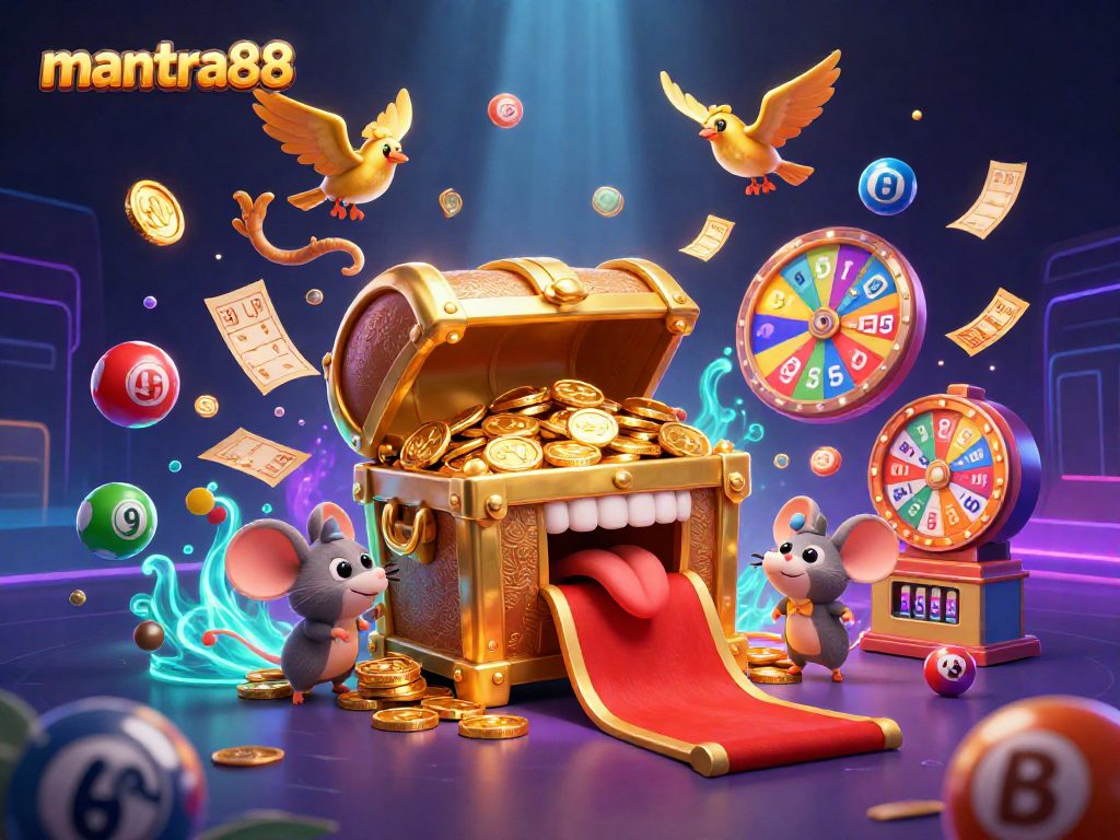 Experience thrilling moments with mantra88's dynamic lottery balls and treasure scene.