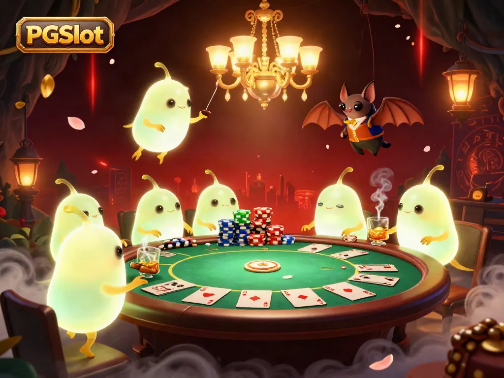 Engage in thrilling PGSlot action as glowworms illuminate a vibrant casino scene with poker elements.