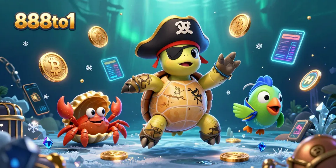 Unlock big wins at 888to1 with a pirate turtle searching for treasure amidst crypto elements.
