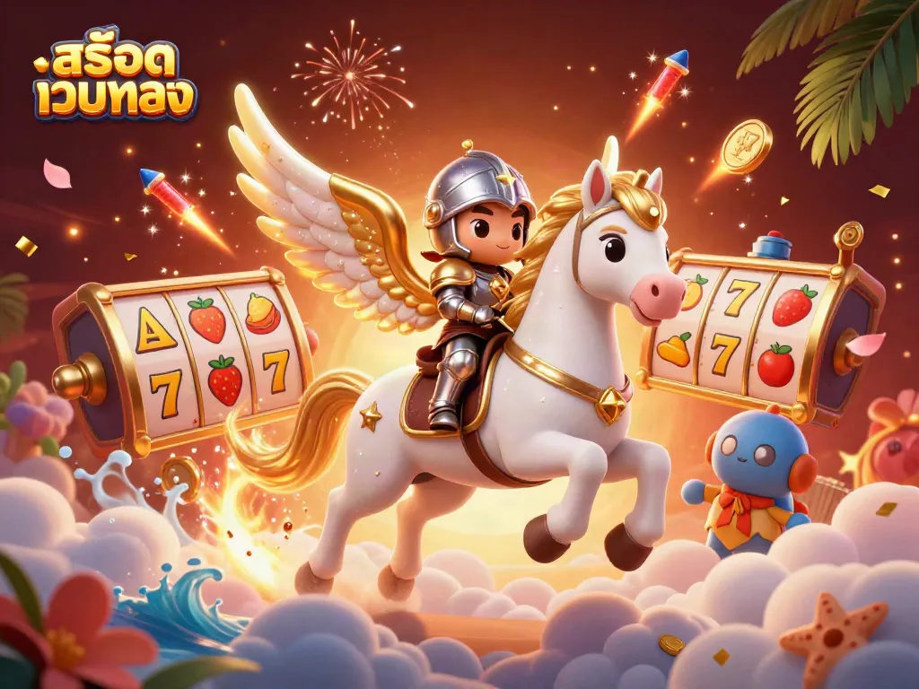 Experience the vibrant excitement of สล็อตเว็บตรง with a celestial horse and knight amidst dynamic casino elements.