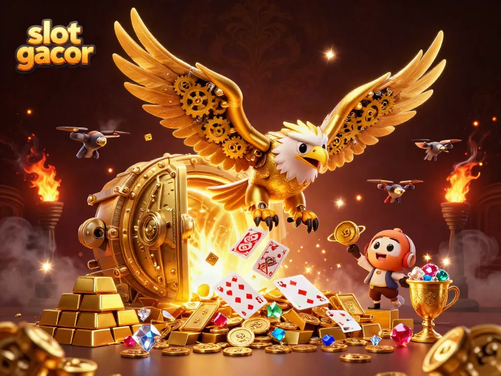Gambarkan slot gacor yang memenangkan jackpot dengan simbol slot dan karakter berwarna cerah.