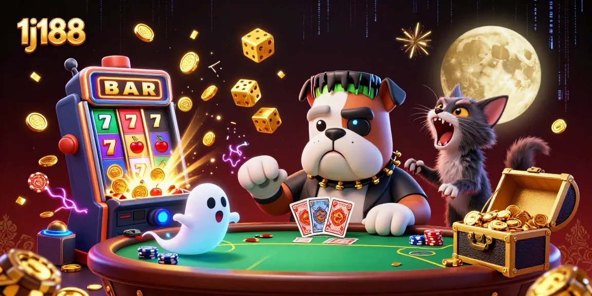 Experience thrilling gameplay with 1j188 at a spooky poker table featuring vibrant characters and casino elements.