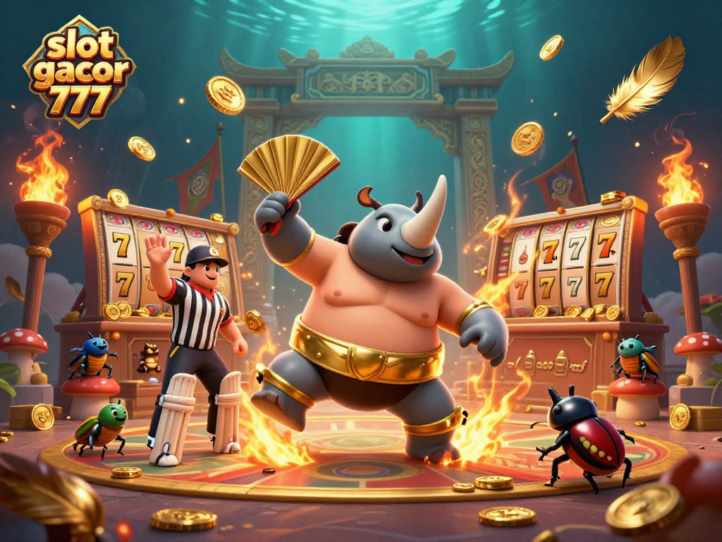 Experience thrilling gameplay at slot gacor 777 with a vibrant illustration of a beetle champion amidst flying coins.