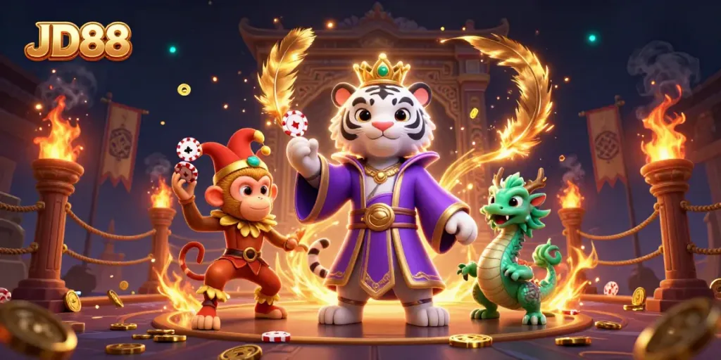 JD88 showcases a 3D tiger, monkey, and dragon amidst a vibrant casino scene with dynamic betting elements.