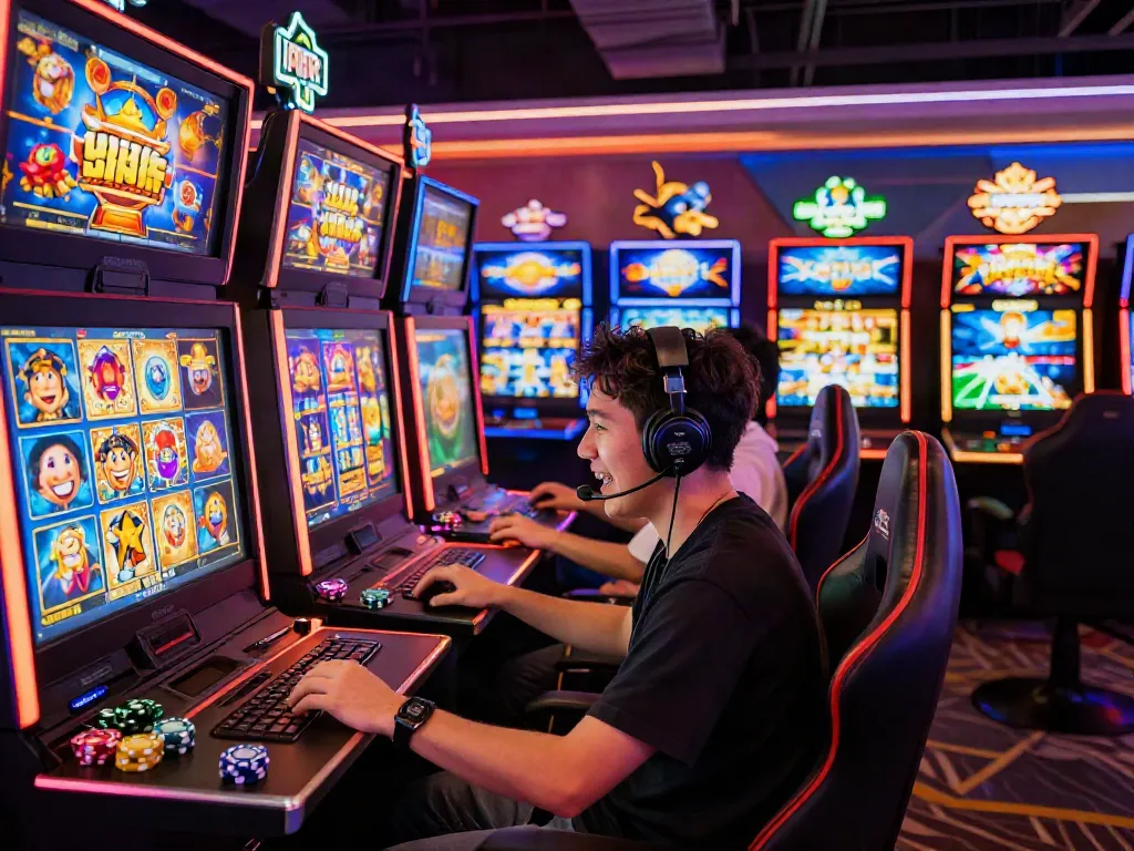 Engaged gamer exploring slot games on multiple screens in a vibrant digital casino.