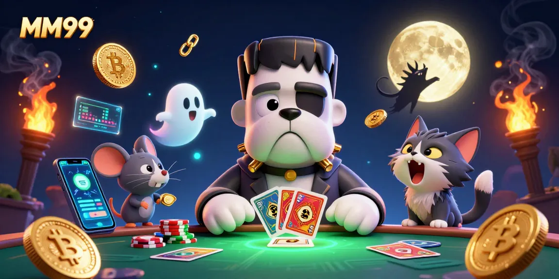 MM99 casino illustration with a Frankenstein bulldog dealing cards in a spooky scene.