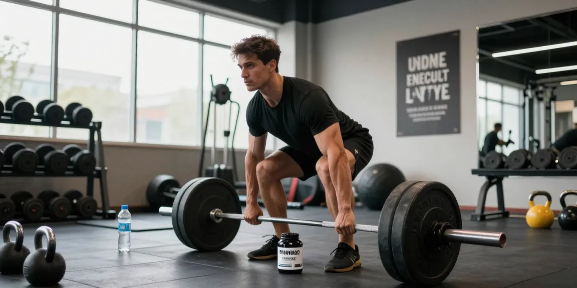 Bodybuilder using Pharmaqo supplements while deadlifting in a vibrant gym setting.