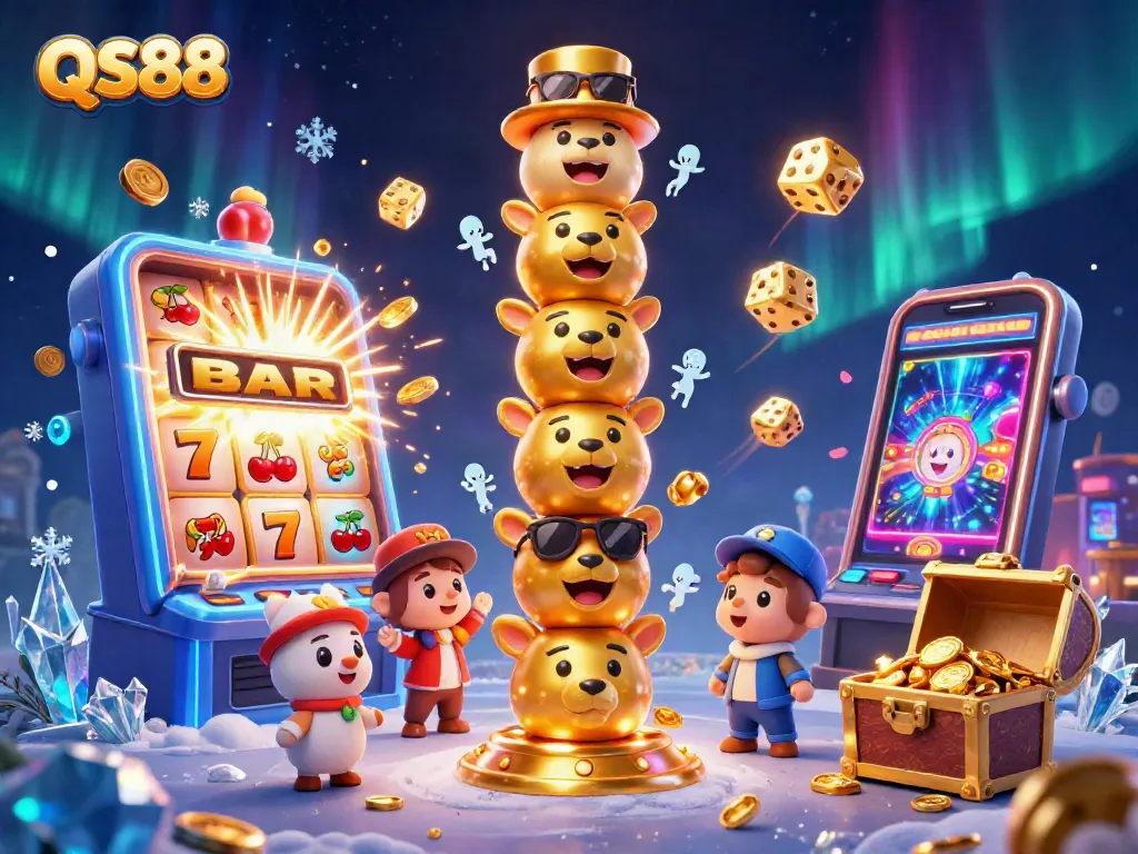 Engage with QS88 through a lively casino scene featuring dynamic slot machines and vibrant graphics.