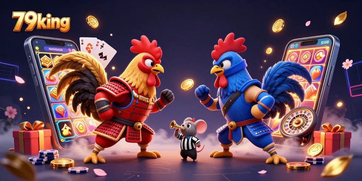 79king showcases an epic rooster showdown amid vibrant casino elements, capturing the thrill of gaming.