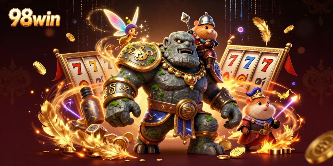 Engage in thrilling gameplay at 98win with a magical scene featuring a golem guardian and a hamster knight.