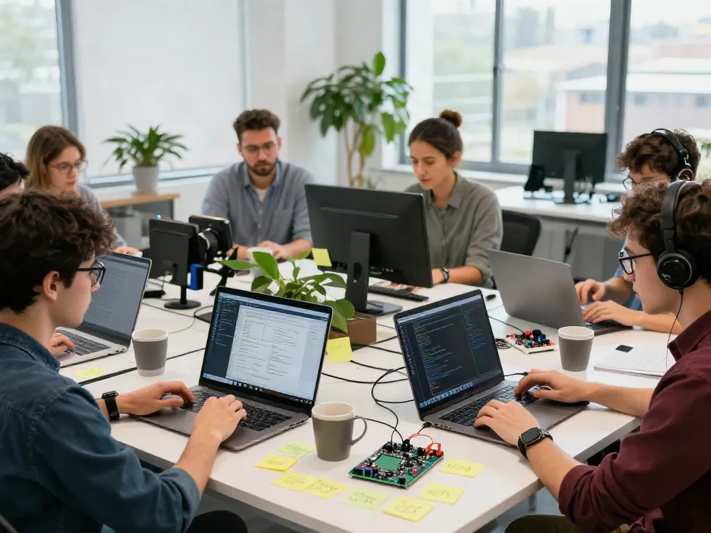 Tim pengembang software menggunakan PGserver di ruang kerja modern dengan laptop dan catatan proyek.